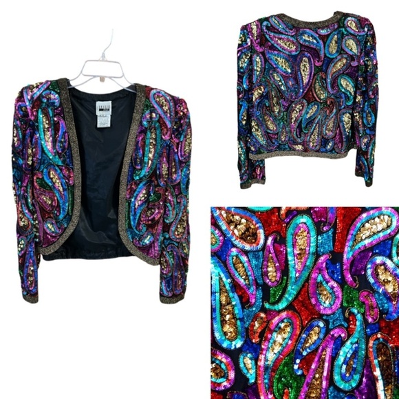 Leslie Fay Multicolor Sequin Jacket VTG RARE 80’s glam rainbow paisley FABULOUS